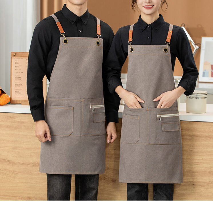 Washed denim canvas cross back apron with leather straps and front pocket 8101