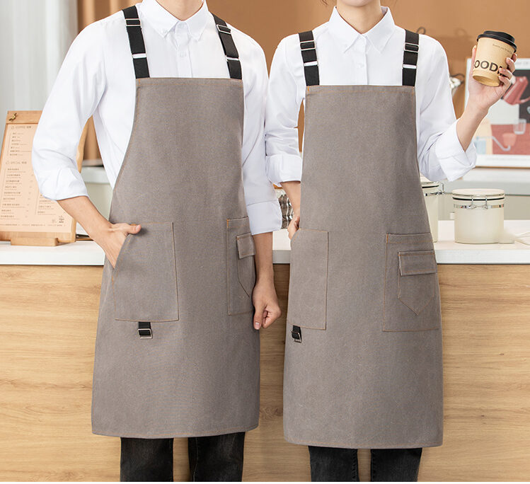 Washed denim canvas cross back apron with adjustable straps and zipper pocket 8102