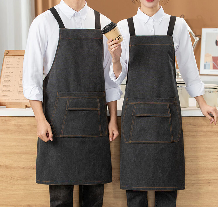 Washed denim canvas cross back apron with large front pocket 8103