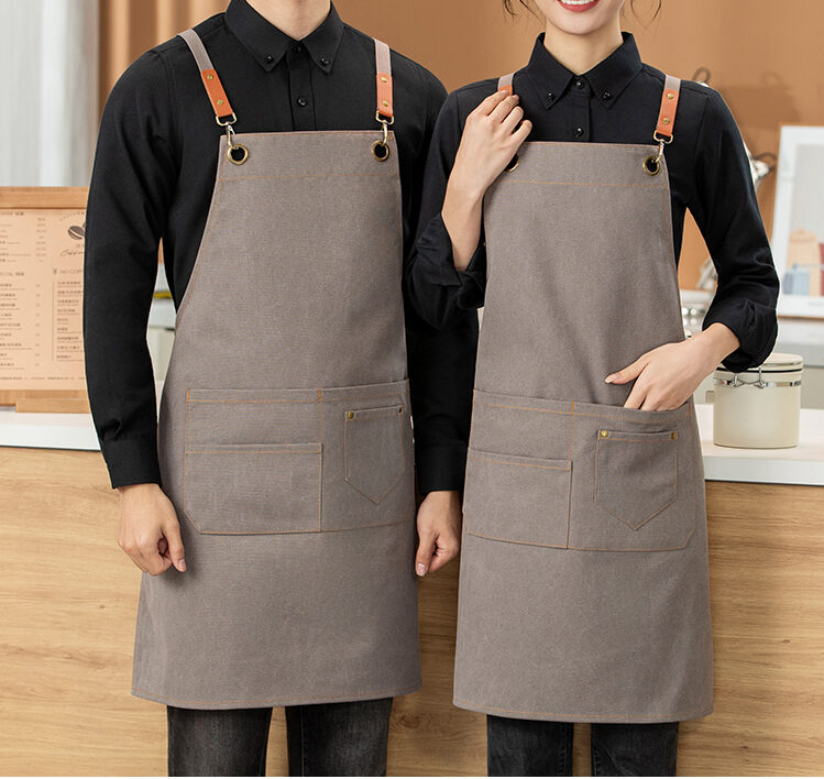 Washed denim canvas cross back apron with multi pockets and leather straps 8105 14:46