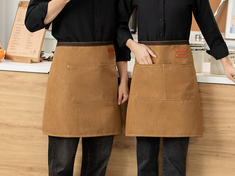 Custom 12 oz washed canvas half apron 8206 with large front pockets for restaurant and cafe uniforms