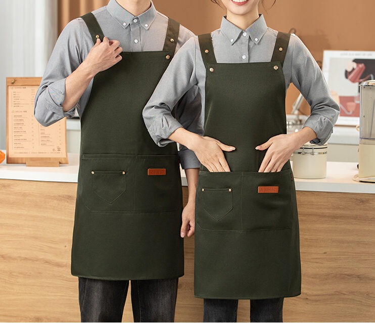 Custom waterproof workwear apron 8601 with shoulder straps and front pockets for wholesale uniforms