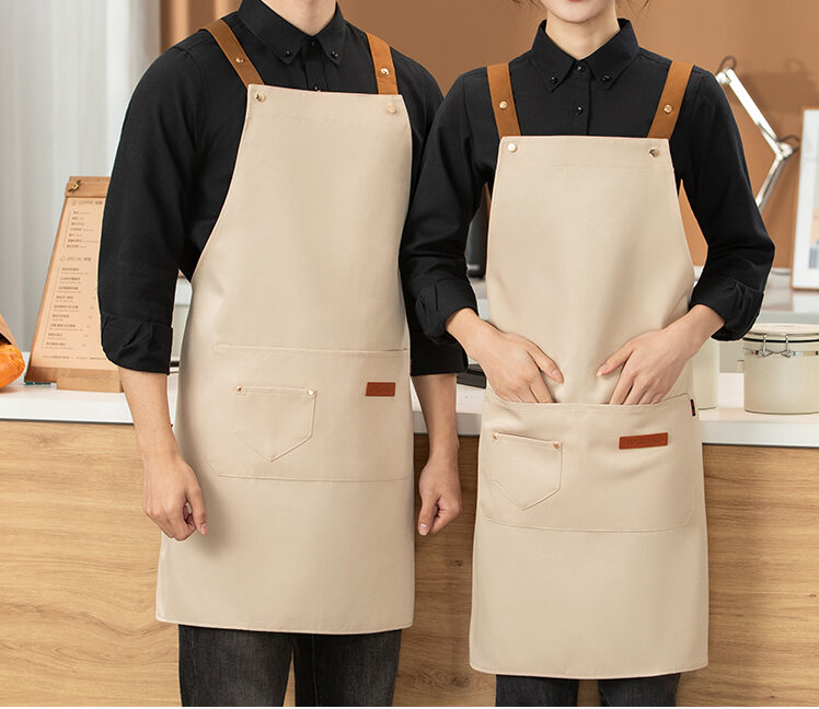 Custom waterproof workwear apron 8602 with shoulder straps and front pockets for wholesale uniforms