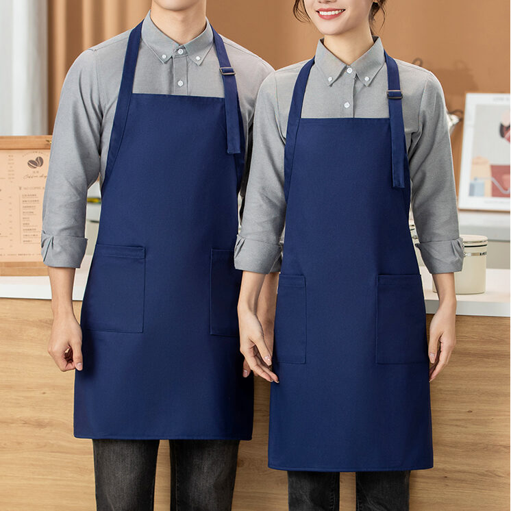 Adjustable neck strap design on black cotton apron