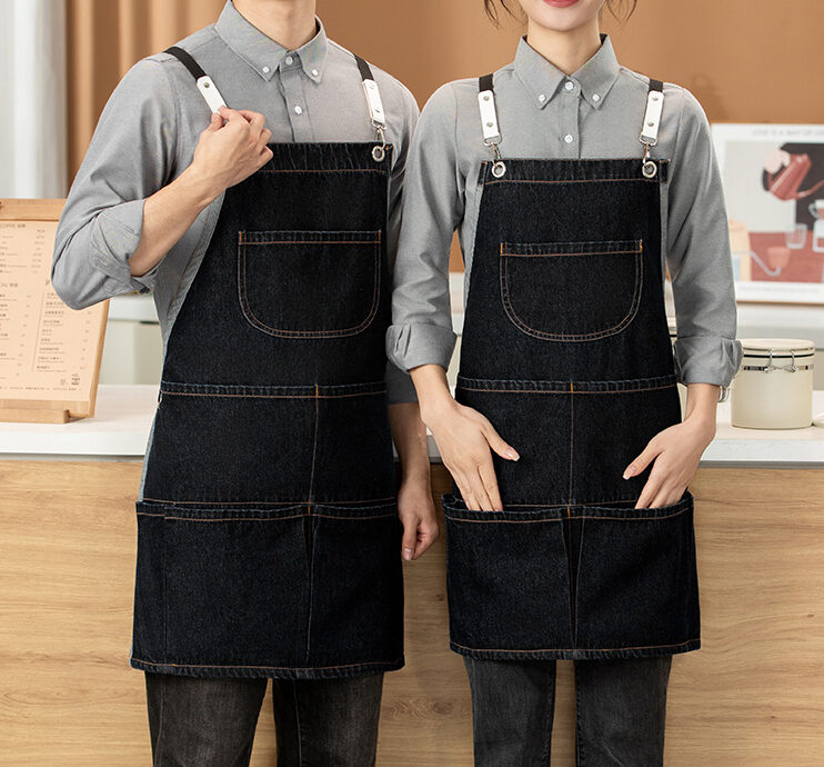 Denim Bib Apron with Cross Back Straps and Multi Pockets N201