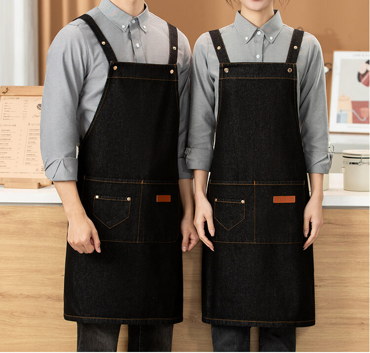 N207 washed denim work apron with shoulder straps and large front pockets