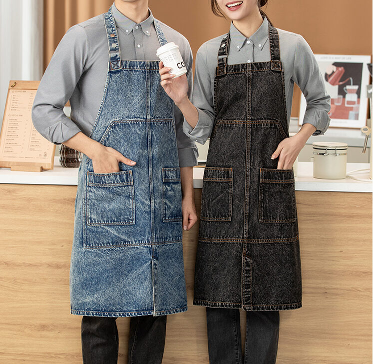 N301 vintage washed denim bib apron with adjustable neck strap and double front pockets