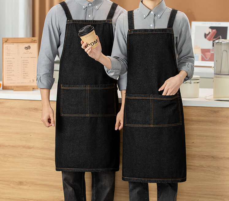 N501 H-back denim work apron with large divided utility pocket and pen holder