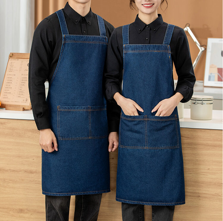 N503 H-back denim work apron with large divided utility pocket and pen holder